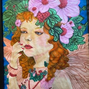 Whimsical Fairy Art Painting with Pink and Green Accents